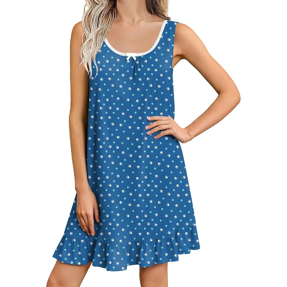 image:imageEkouaer Nightgowns for Women Sleeveless Nightdress Cute Night Gowns Short Sleepshirt Soft Sleepwear Pajama Dress SXXXLBlue White Footprint
