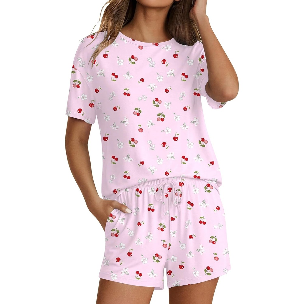 image:imageEkouaer Pajama Set for Women Viscose from Bamboo Short Sleeve Tops and Shorts Set 2 Piece Lounge SetLight Pink Cherry