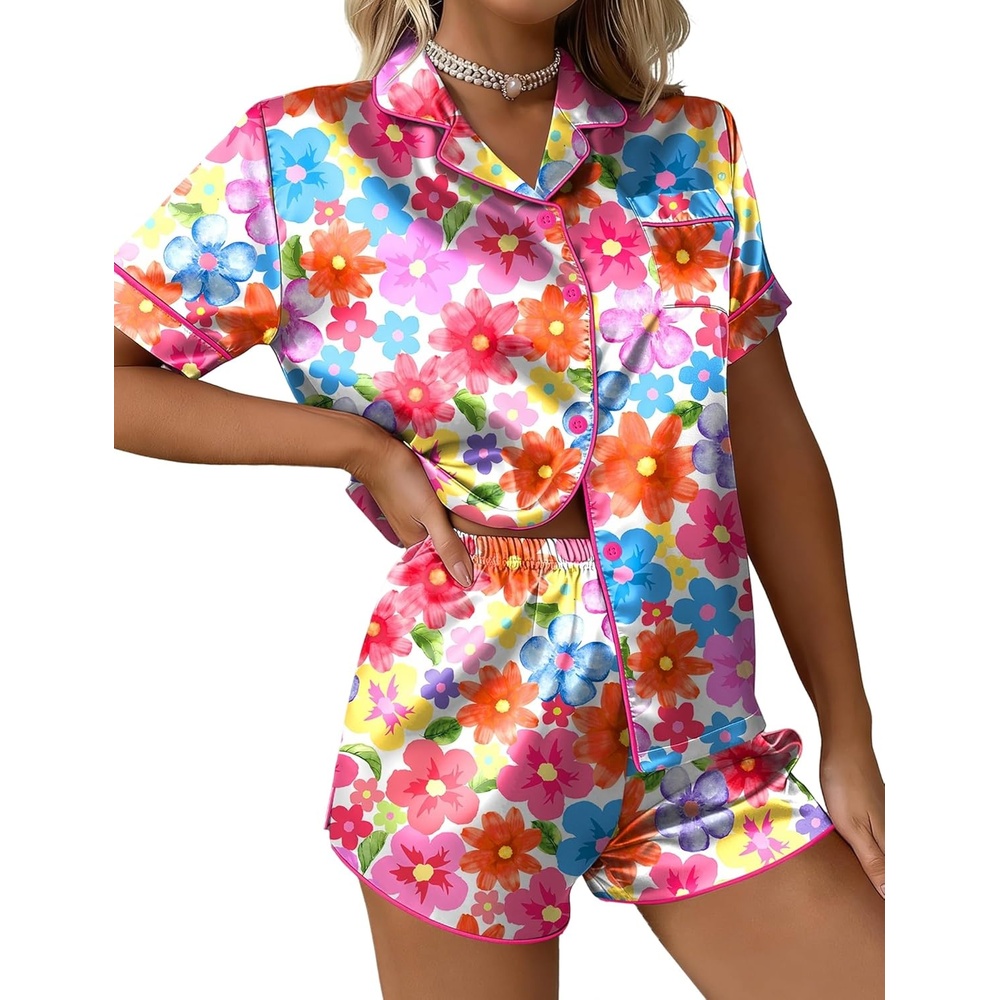 image:imageEkouaer Silk Satin Pajama Set for Women Button Down Short Sleeve Top and Shorts Pjs Sets Sleepwear Gifts for Party S5XLBright Floral Print