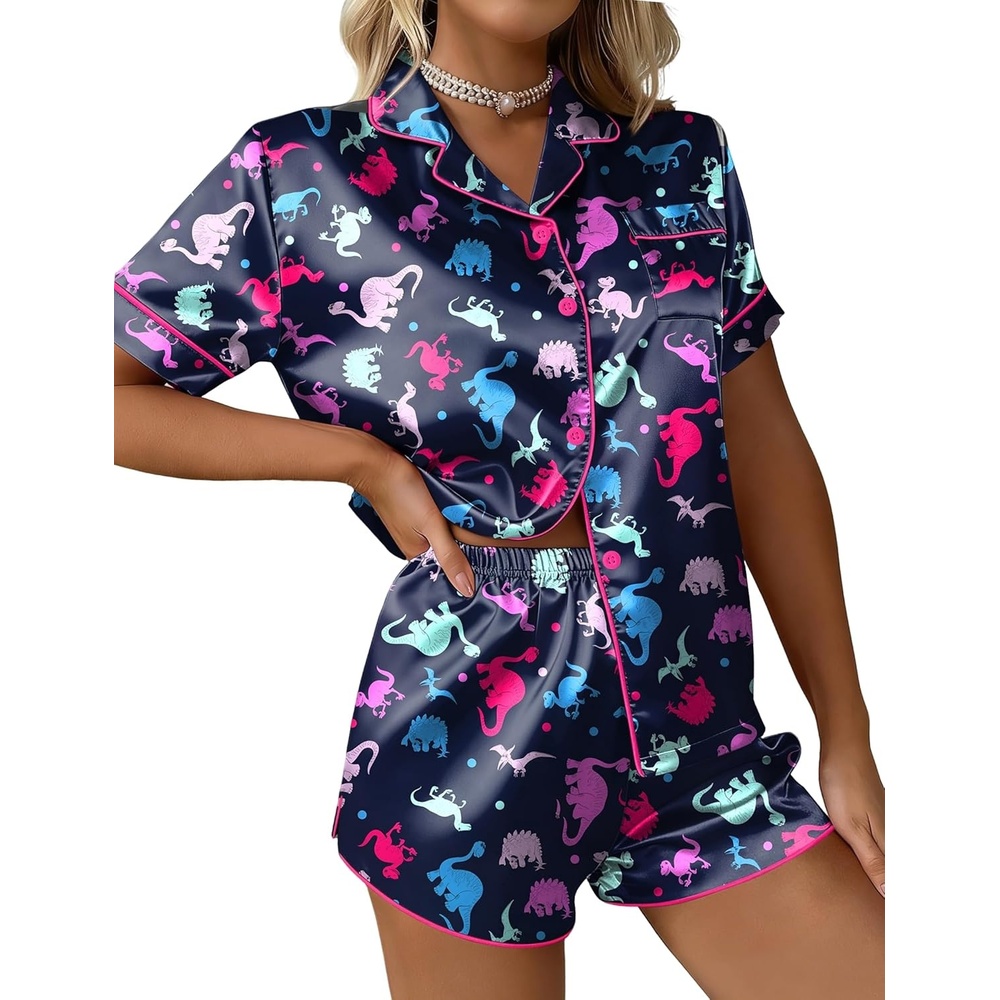 image:imageEkouaer Silk Satin Pajama Set for Women Button Down Short Sleeve Top and Shorts Pjs Sets Sleepwear Gifts for Party S5XLColorful Dinosaur Prints