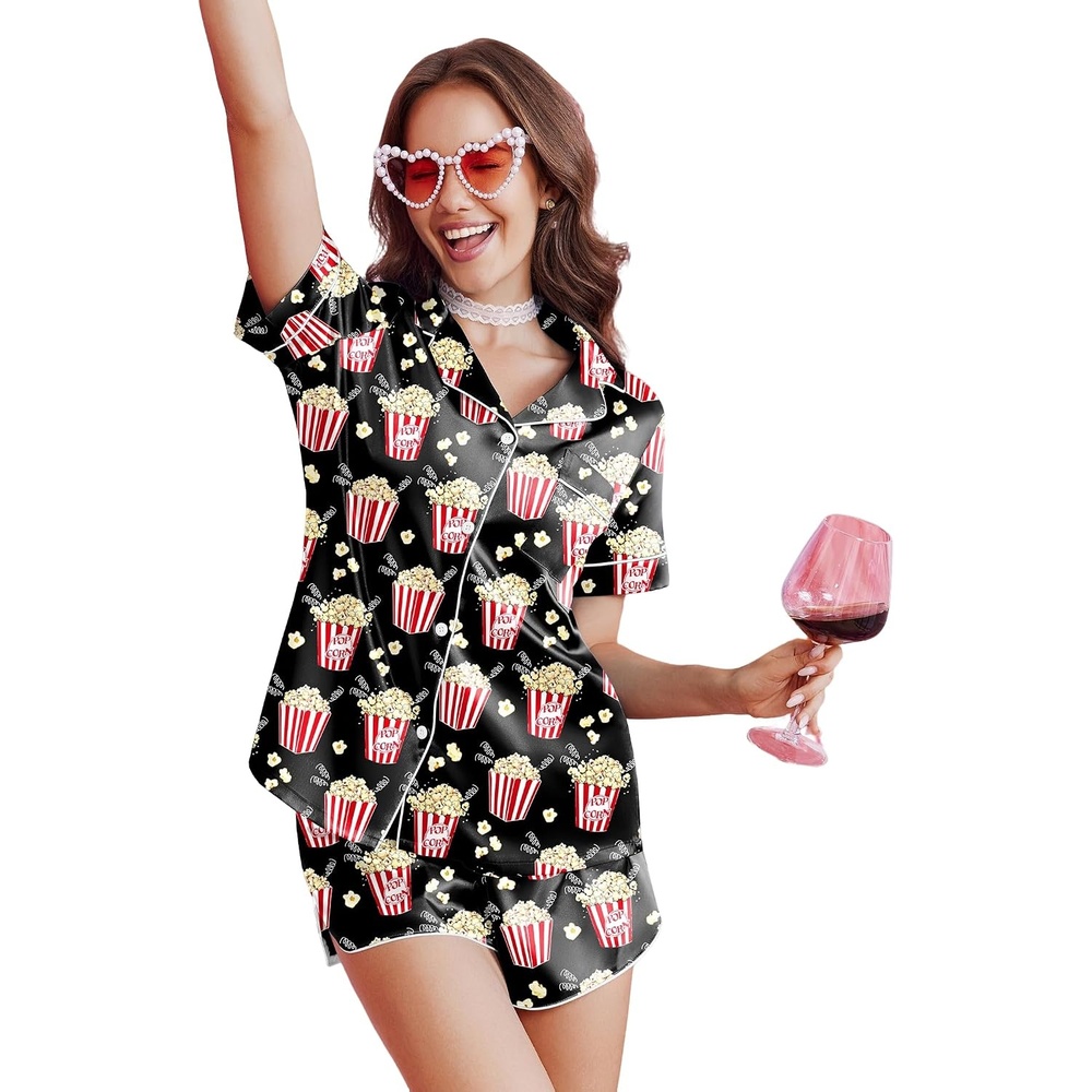 image:imageEkouaer Silk Satin Pajama Set for Women Button Down Short Sleeve Top and Shorts Pjs Sets Sleepwear Gifts for Party S5XLPopcorn