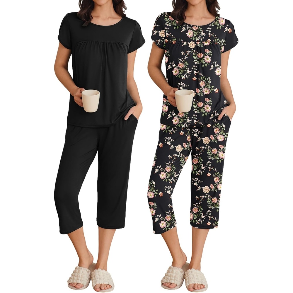 image:imageEkouaer Womens Capri Pajama Set Short Sleeve Mumu Pjs Pleated Top Capri Pants with Pockets Sleepwear Lounge Set2 PackblackBlack Floral