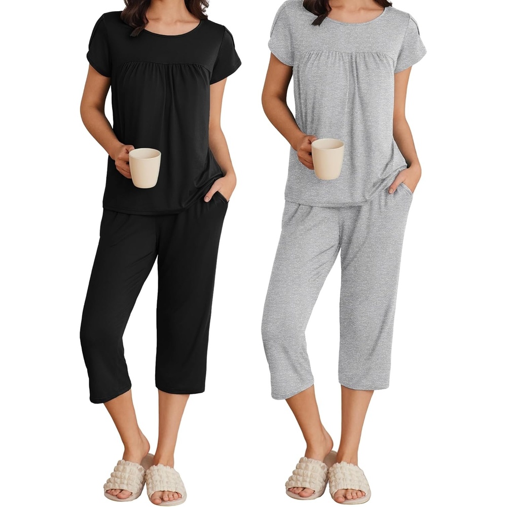 image:imageEkouaer Womens Capri Pajama Set Short Sleeve Mumu Pjs Pleated Top Capri Pants with Pockets Sleepwear Lounge Set2 PackblackLight Grey
