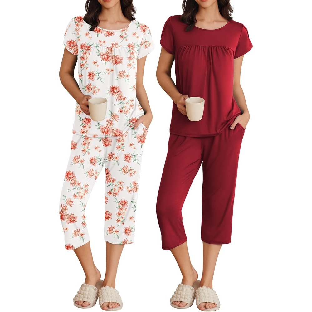 image:imageEkouaer Womens Capri Pajama Set Short Sleeve Mumu Pjs Pleated Top Capri Pants with Pockets Sleepwear Lounge Set2 Packpink FlowersWine Red