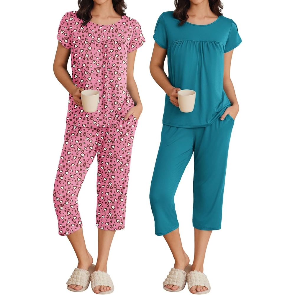image:imageEkouaer Womens Capri Pajama Set Short Sleeve Mumu Pjs Pleated Top Capri Pants with Pockets Sleepwear Lounge Set2 Packpink Leopard PrintDeep Blue