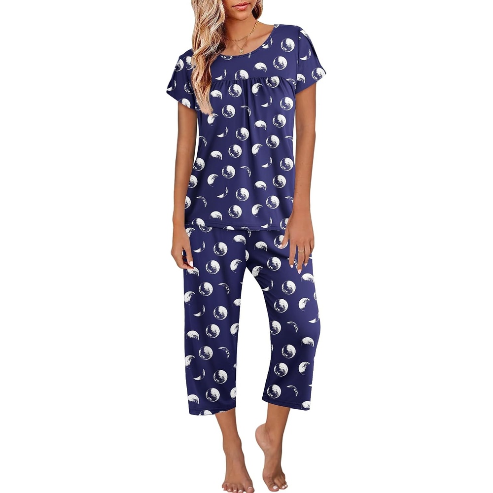 image:imageEkouaer Womens Capri Pajama Set Short Sleeve Mumu Pjs Pleated Top Capri Pants with Pockets Sleepwear Lounge SetBlue Moon