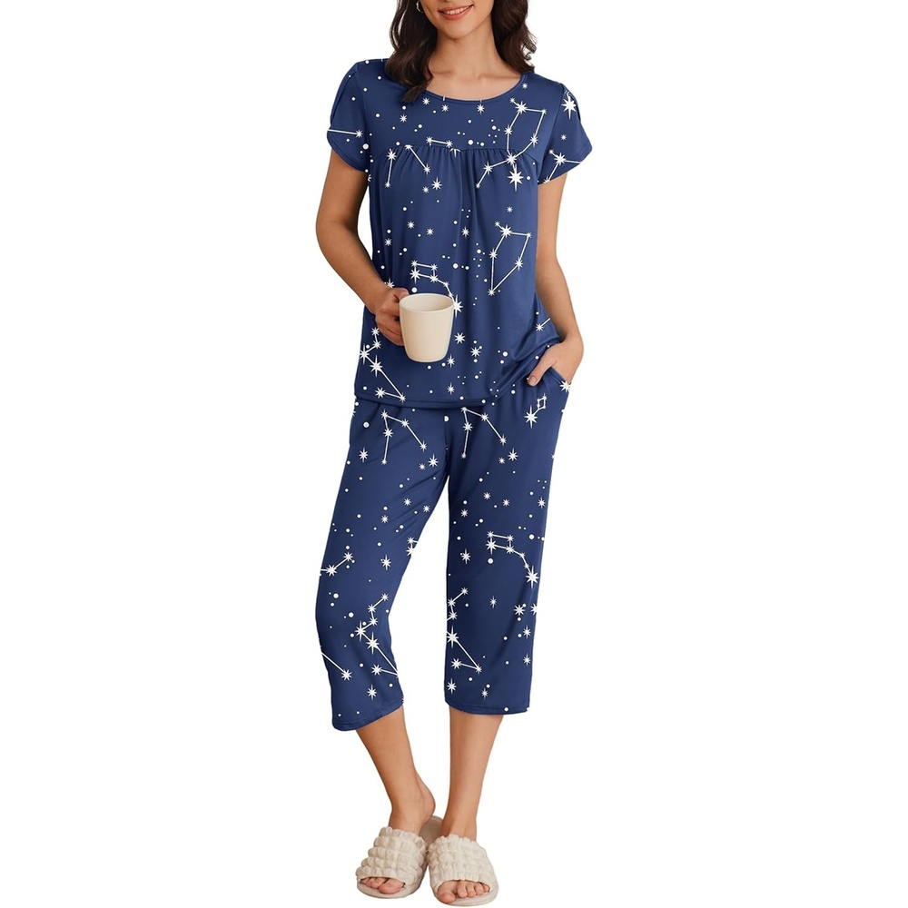 image:imageEkouaer Womens Capri Pajama Set Short Sleeve Mumu Pjs Pleated Top Capri Pants with Pockets Sleepwear Lounge SetBlue Stars
