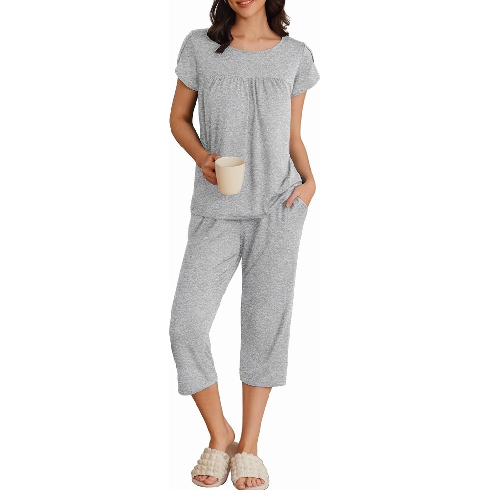 image:imageEkouaer Womens Capri Pajama Set Short Sleeve Mumu Pjs Pleated Top Capri Pants with Pockets Sleepwear Lounge SetLight Grey