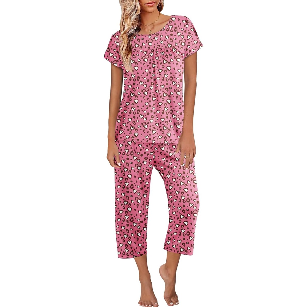 image:imageEkouaer Womens Capri Pajama Set Short Sleeve Mumu Pjs Pleated Top Capri Pants with Pockets Sleepwear Lounge SetPink Leopard Print