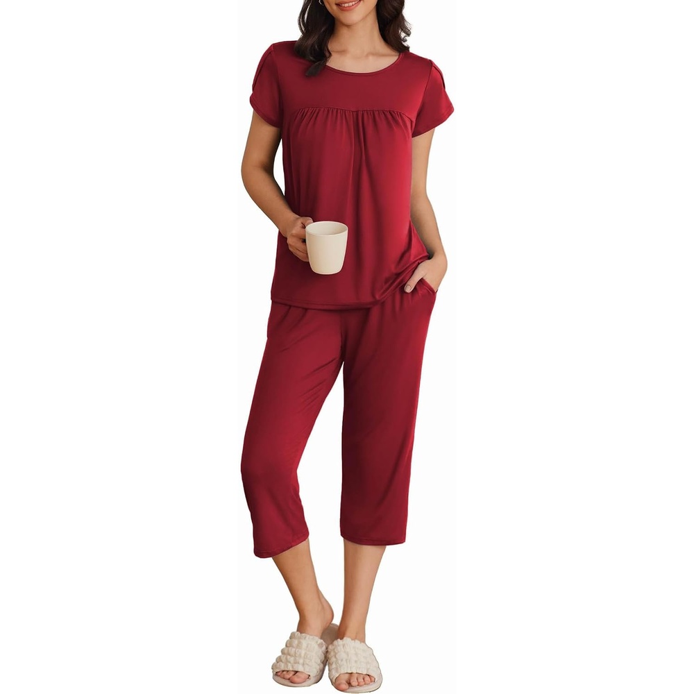image:imageEkouaer Womens Capri Pajama Set Short Sleeve Mumu Pjs Pleated Top Capri Pants with Pockets Sleepwear Lounge SetWine Red