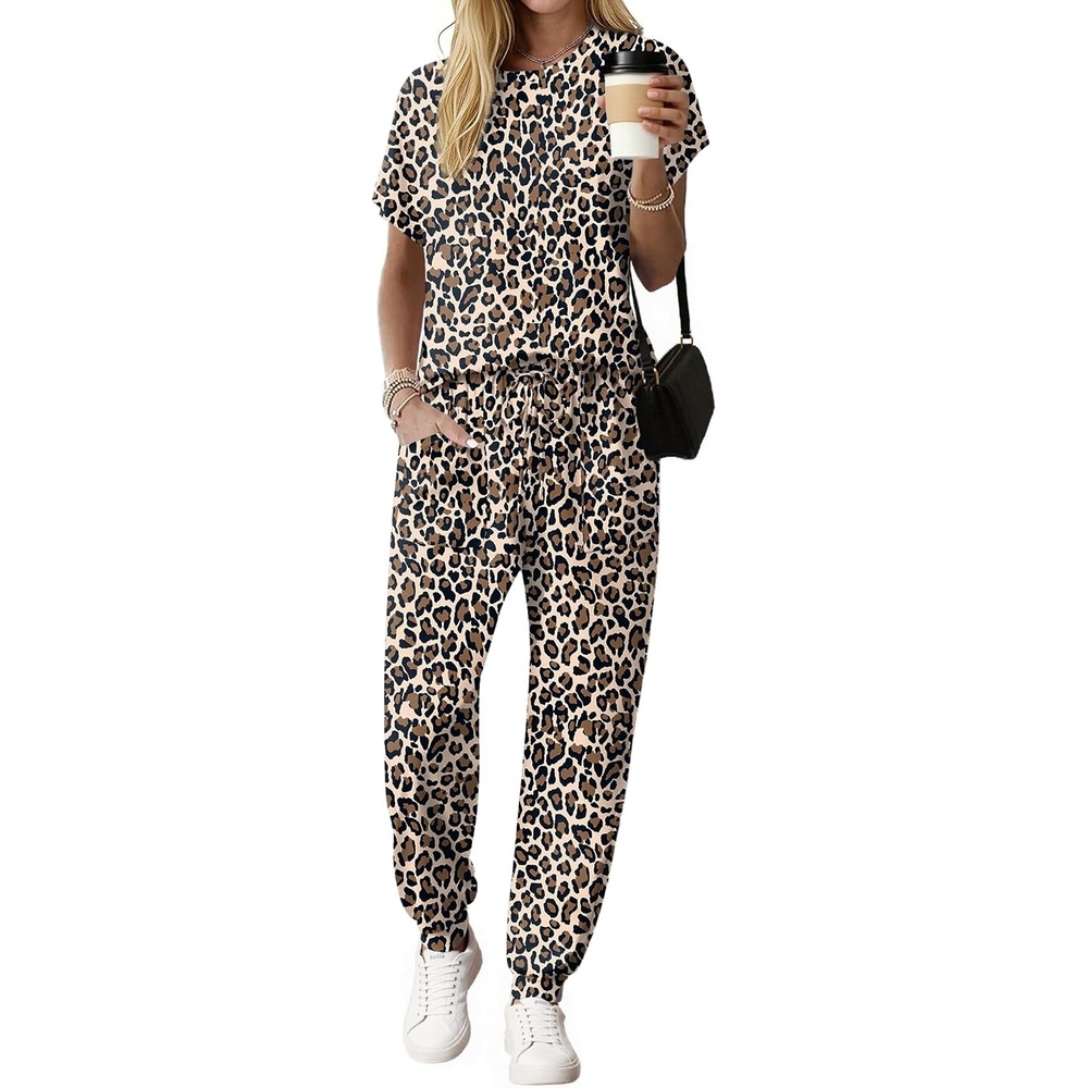 image:imageEkouaer Womens Cotton Matching Lounge Sets Short Sleeve Top and Jogger Pants Set Fashion Casual OutfitsBrown Leopard