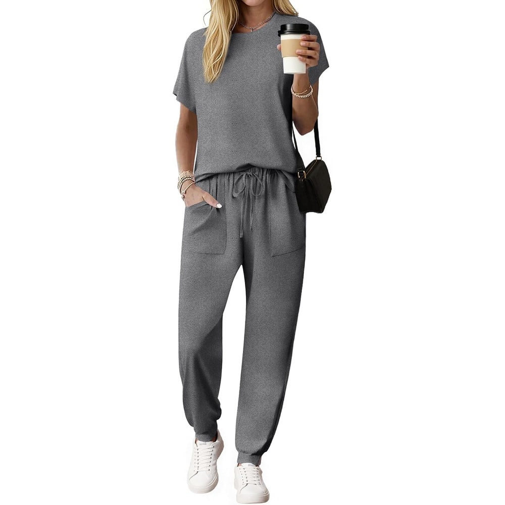 image:imageEkouaer Womens Cotton Matching Lounge Sets Short Sleeve Top and Jogger Pants Set Fashion Casual OutfitsDark Gray
