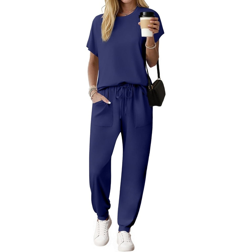 image:imageEkouaer Womens Cotton Matching Lounge Sets Short Sleeve Top and Jogger Pants Set Fashion Casual OutfitsNavy Blue