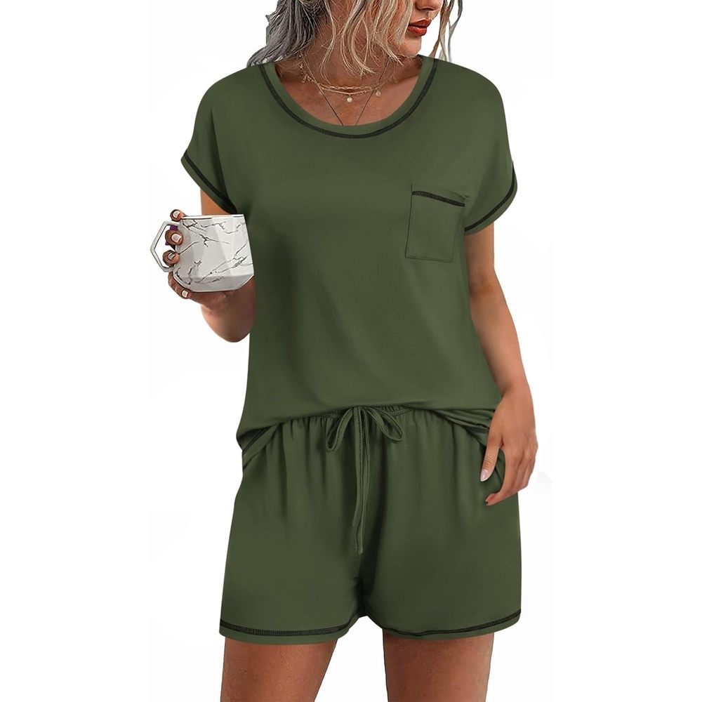 image:imageEkouaer Womens Pajama Sets 2 Piece Soft Short Sleeve Top and Shorts Sleepwear Round Neck Pjs Lounge Set with PocketsArmy Green