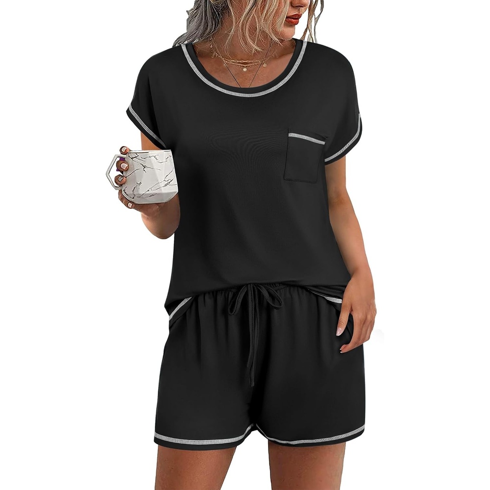 image:imageEkouaer Womens Pajama Sets 2 Piece Soft Short Sleeve Top and Shorts Sleepwear Round Neck Pjs Lounge Set with PocketsBlack