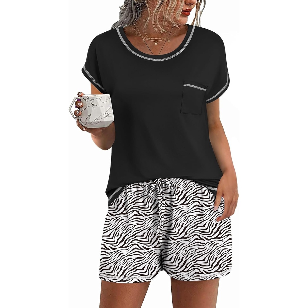 image:imageEkouaer Womens Pajama Sets 2 Piece Soft Short Sleeve Top and Shorts Sleepwear Round Neck Pjs Lounge Set with PocketsBlack Zebra Striped