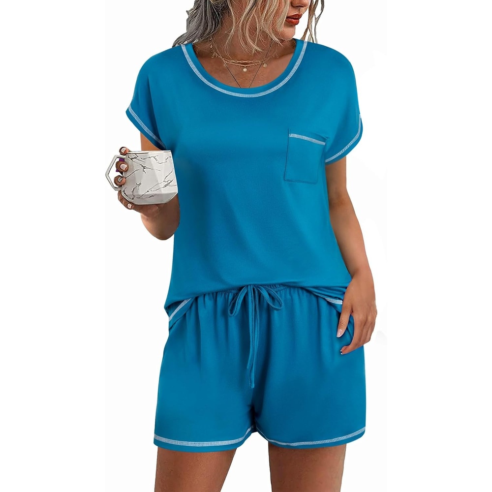 image:imageEkouaer Womens Pajama Sets 2 Piece Soft Short Sleeve Top and Shorts Sleepwear Round Neck Pjs Lounge Set with PocketsBlue Green