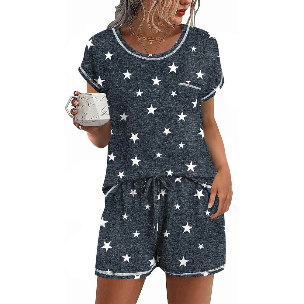 image:imageEkouaer Womens Pajama Sets 2 Piece Soft Short Sleeve Top and Shorts Sleepwear Round Neck Pjs Lounge Set with PocketsDeep Grey Stars