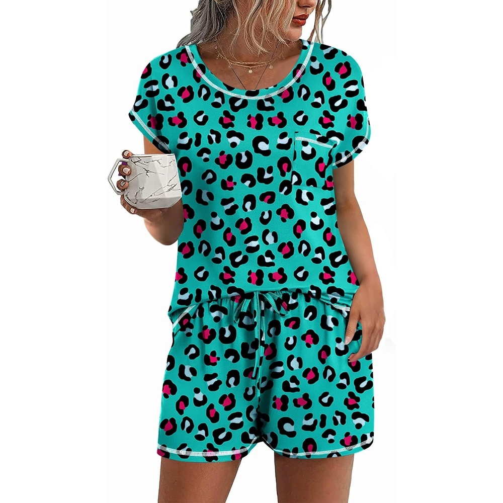 image:imageEkouaer Womens Pajama Sets 2 Piece Soft Short Sleeve Top and Shorts Sleepwear Round Neck Pjs Lounge Set with PocketsGreen Leopard