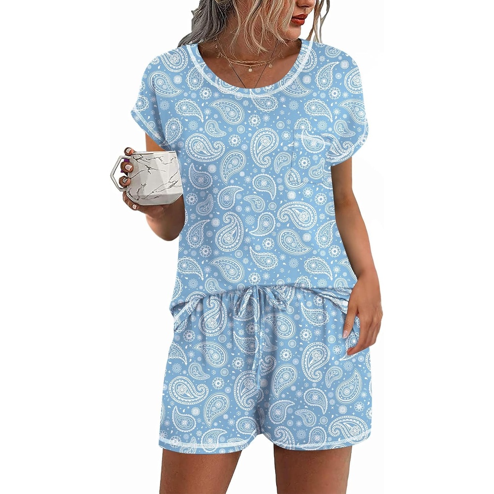 image:imageEkouaer Womens Pajama Sets 2 Piece Soft Short Sleeve Top and Shorts Sleepwear Round Neck Pjs Lounge Set with PocketsLight Blue Cashew Flower