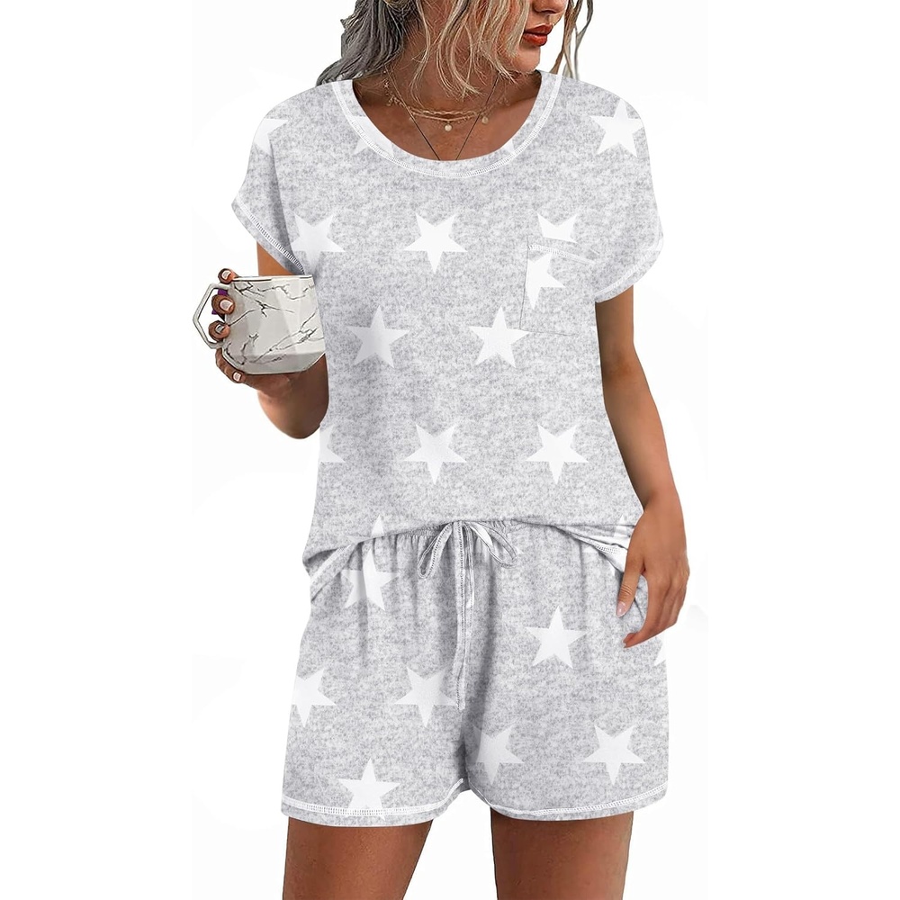 image:imageEkouaer Womens Pajama Sets 2 Piece Soft Short Sleeve Top and Shorts Sleepwear Round Neck Pjs Lounge Set with PocketsLight Grey Stars