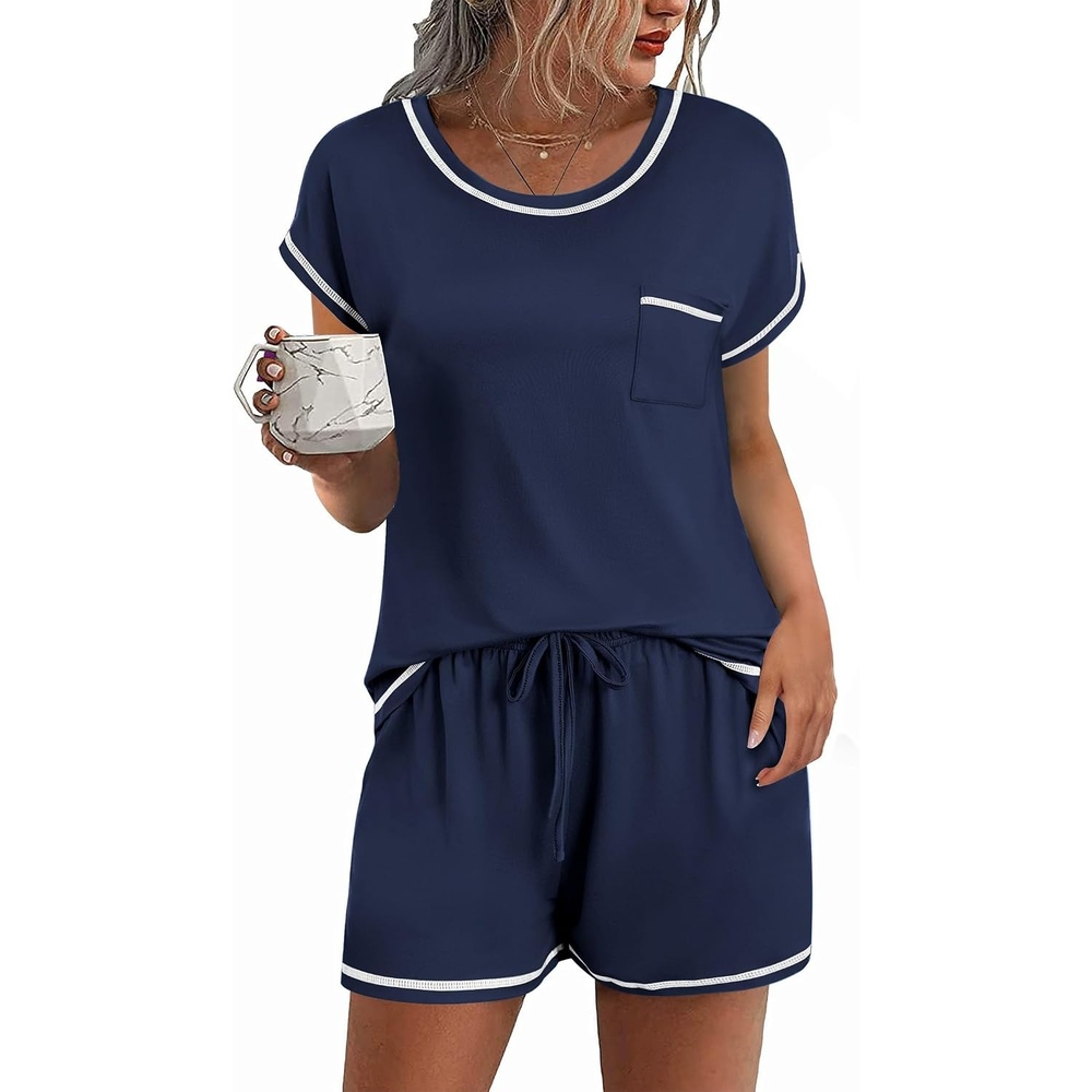 image:imageEkouaer Womens Pajama Sets 2 Piece Soft Short Sleeve Top and Shorts Sleepwear Round Neck Pjs Lounge Set with PocketsNavy Blue