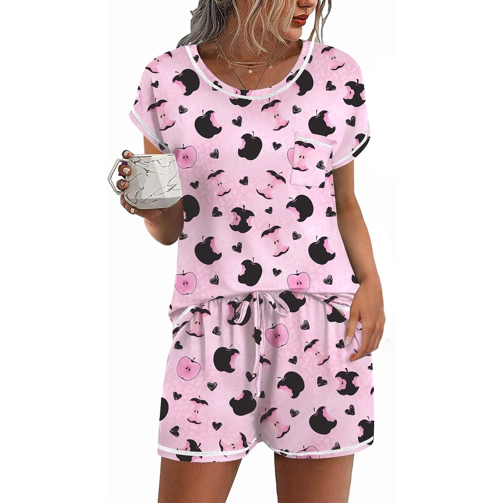 image:imageEkouaer Womens Pajama Sets 2 Piece Soft Short Sleeve Top and Shorts Sleepwear Round Neck Pjs Lounge Set with PocketsPink Hearts Apple