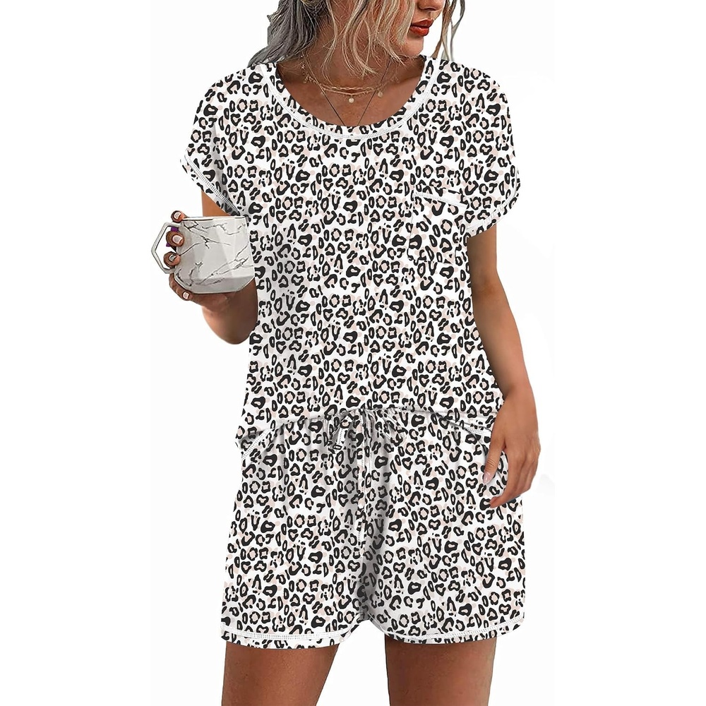 image:imageEkouaer Womens Pajama Sets 2 Piece Soft Short Sleeve Top and Shorts Sleepwear Round Neck Pjs Lounge Set with PocketsWhite Leopard