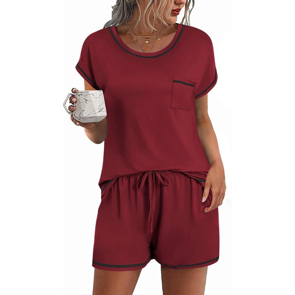 image:imageEkouaer Womens Pajama Sets 2 Piece Soft Short Sleeve Top and Shorts Sleepwear Round Neck Pjs Lounge Set with PocketsWind Red