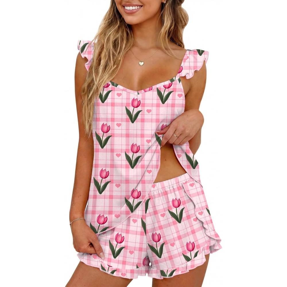 image:imageEkouaer Womens Pajama Sets Ruffle Cami Top and Shorts 2 Piece Lounge Set Sleepwear Summer Comfy Cute Bridal Pajama for WomenGingham Tulip