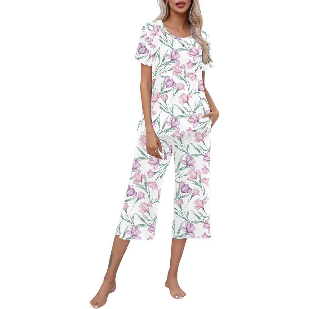 image:imageEkouaer Womens Pajamas Set Short Sleeve Top With Capri Pants Pjs Lounge amp Sleepwear Set SXXLLilac Flower