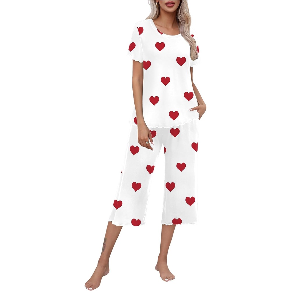 image:imageEkouaer Womens Pajamas Set Short Sleeve Top With Capri Pants Pjs Lounge amp Sleepwear Set SXXLWhite Heart