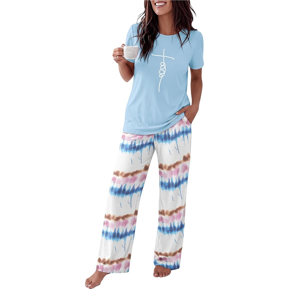 image:imageEkouaer Womens Pajamas Sets 2 Piece Short Sleeve Lounge Set Printed Loose Pants Round Neck Pj Sets LoungewearOmbre Blue