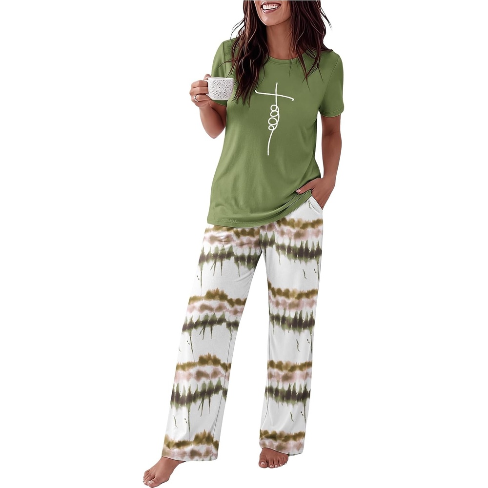 image:imageEkouaer Womens Pajamas Sets 2 Piece Short Sleeve Lounge Set Printed Loose Pants Round Neck Pj Sets LoungewearOmbre Green