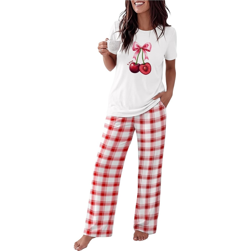 image:imageEkouaer Womens Pajamas Sets 2 Piece Short Sleeve Lounge Set Printed Loose Pants Round Neck Pj Sets LoungewearPlaid Red