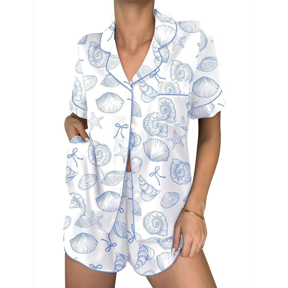 image:imageEkouaer Womens Silk Satin Pajama Sets 2 Piece Button Down Silk Pjs Shorts Sets Cute Print Short Sleeve Sleepwear S4XLBlue Ocean Shell