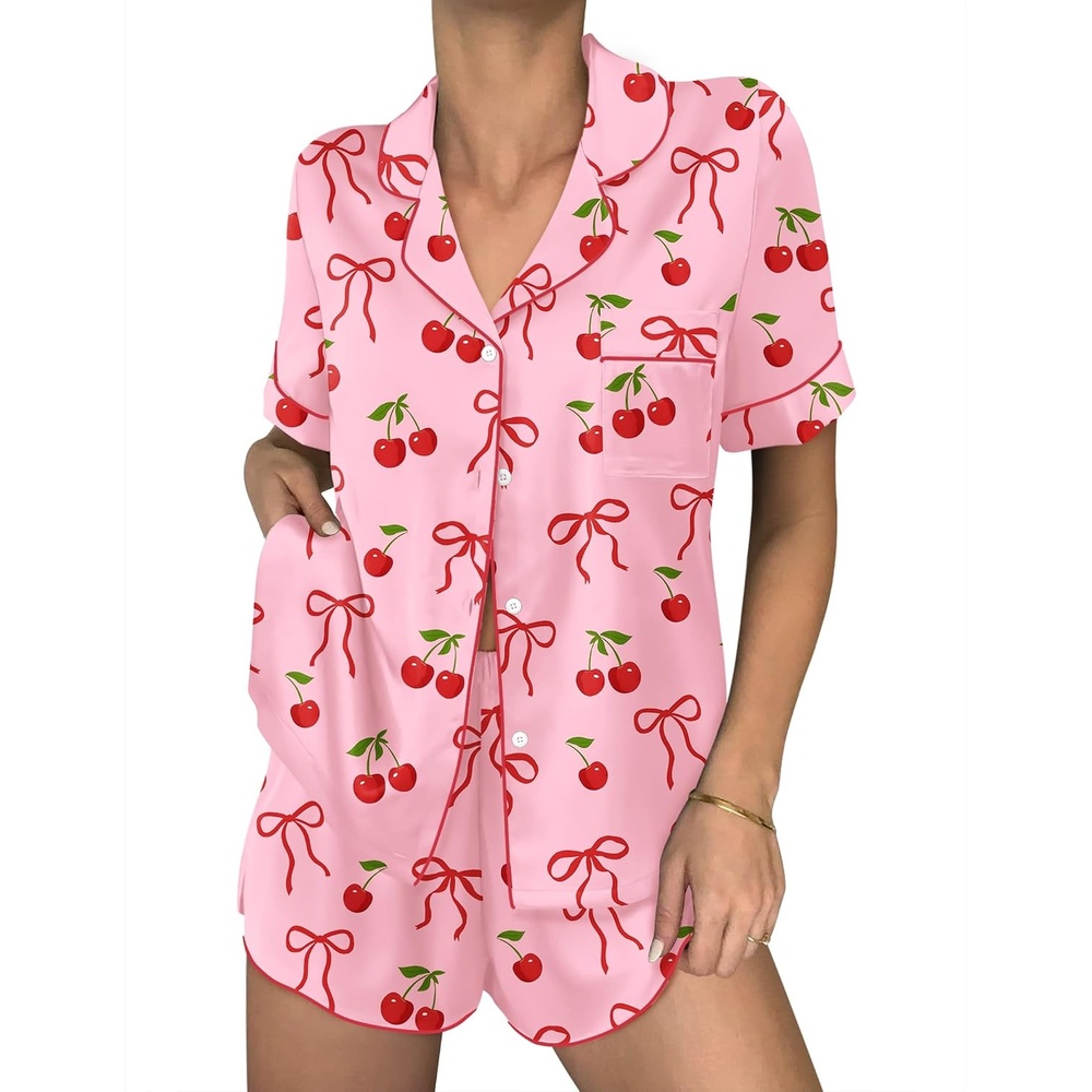 image:imageEkouaer Womens Silk Satin Pajama Sets 2 Piece Button Down Silk Pjs Shorts Sets Cute Print Short Sleeve Sleepwear S4XLPink Cherry Bow