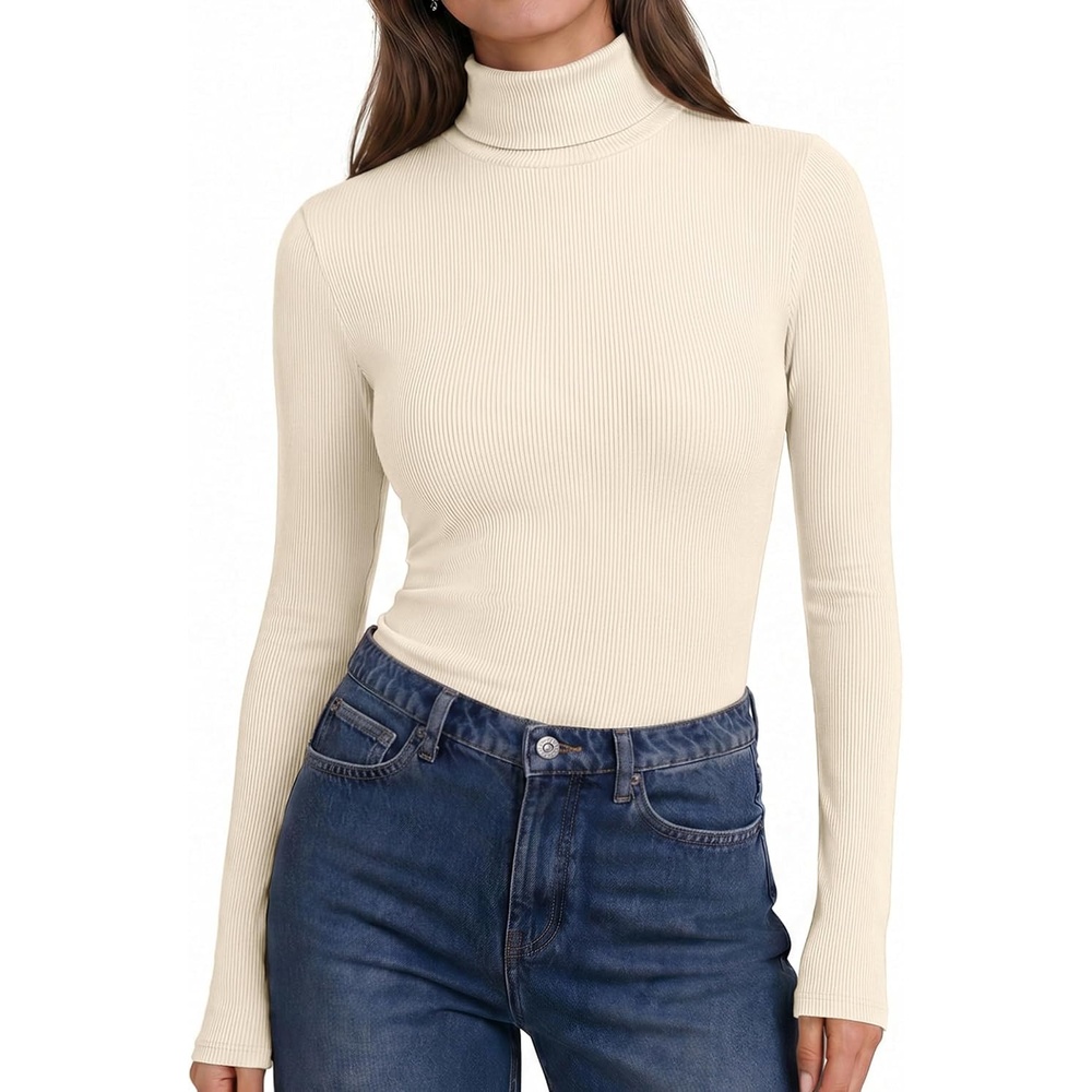 image:imageEkouaer Womens Turtleneck Long Sleeve Shirts Ribbed Casual Basic Tops Fitted Underwear Thermal Undershirts Winter ClothesBeige