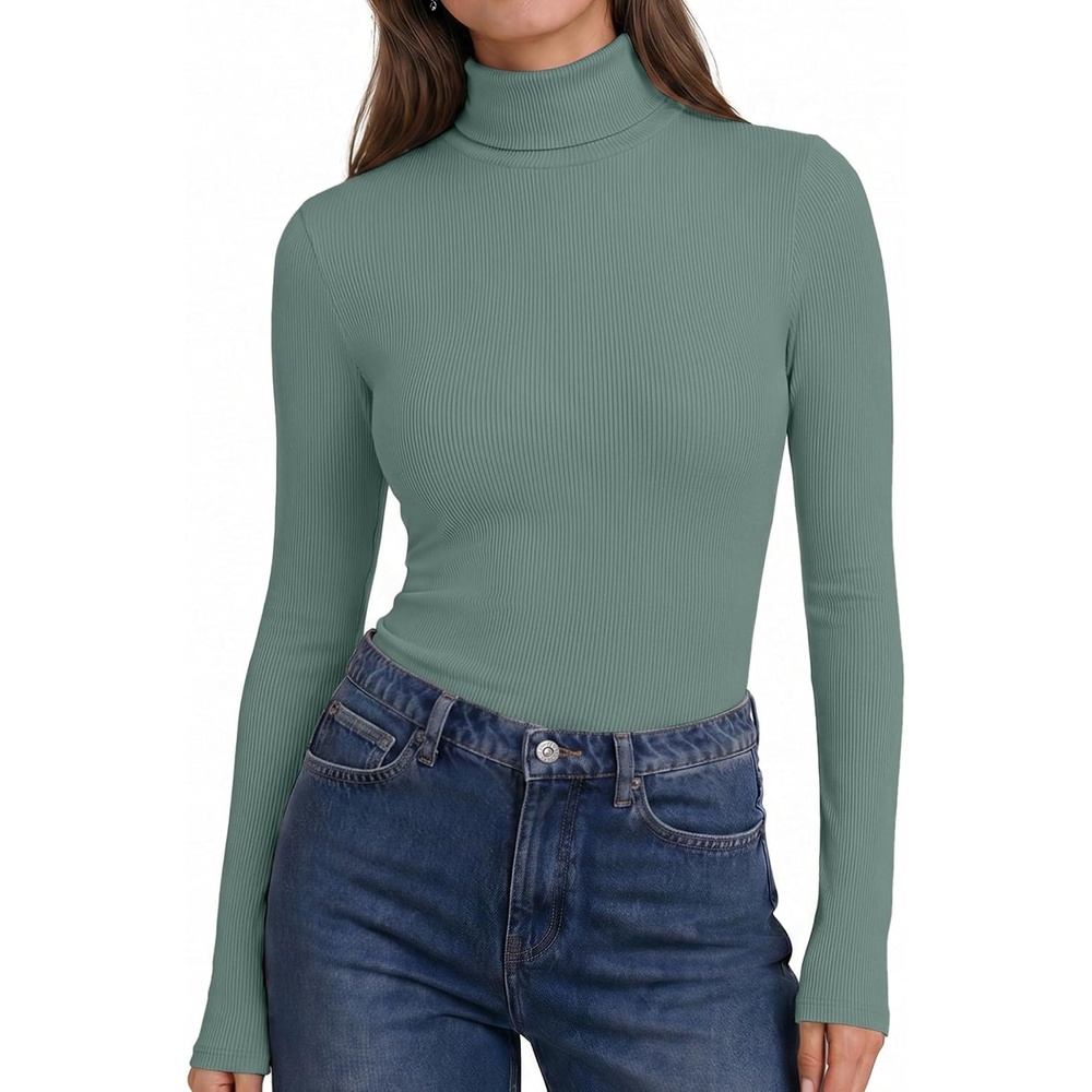 image:imageEkouaer Womens Turtleneck Long Sleeve Shirts Ribbed Casual Basic Tops Fitted Underwear Thermal Undershirts Winter ClothesGrey Green