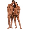Ekouaer Couple Matching Pajamas Sets Silk Short Sleeve Button Down Sleepwear Satin Pjs Shorts Set Soft Loungewear S-XXL(Brown)