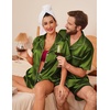 Ekouaer Couple Matching Pajamas Sets Silk Short Sleeve Button Down Sleepwear Satin Pjs Shorts Set Soft Loungewear S-XXL(Dark Army Green)