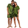 Ekouaer Couple Matching Pajamas Sets Silk Short Sleeve Button Down Sleepwear Satin Pjs Shorts Set Soft Loungewear S-XXL(Dark Army Green)
