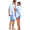 Ekouaer Couple Matching Pajamas Sets Silk Short Sleeve Button Down Sleepwear Satin Pjs Shorts Set Soft Loungewear S-XXL(Light Blue)