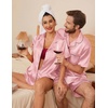 Ekouaer Couple Matching Pajamas Sets Silk Short Sleeve Button Down Sleepwear Satin Pjs Shorts Set Soft Loungewear S-XXL(Pink)