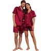 Ekouaer Couple Matching Pajamas Sets Silk Short Sleeve Button Down Sleepwear Satin Pjs Shorts Set Soft Loungewear S-XXL(Wine)