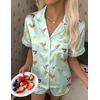 Ekouaer Silk Satin Pajama Set for Women Button Down Short Sleeve Top and Shorts Pjs Sets Sleepwear Gifts for Party S-5XL(Light Green Cocktail Glass)