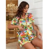 Ekouaer Silk Satin Pajama Set for Women Button Down Short Sleeve Top and Shorts Pjs Sets Sleepwear Gifts for Party S-5XL(Tropical Print)