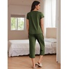 Ekouaer Women’s Capri Pajama Set Short Sleeve Mumu Pjs Pleated Top Capri Pants with Pockets Sleepwear Lounge Set(Army Green)