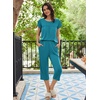 Ekouaer Women’s Capri Pajama Set Short Sleeve Mumu Pjs Pleated Top Capri Pants with Pockets Sleepwear Lounge Set(Deep Blue)