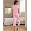 Ekouaer Women’s Capri Pajama Set Short Sleeve Mumu Pjs Pleated Top Capri Pants with Pockets Sleepwear Lounge Set(Deep Pink)